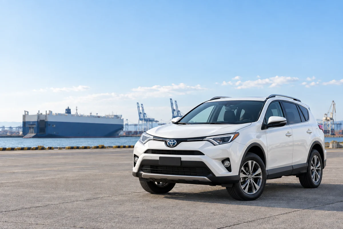 Illustration d’un Toyota RAV4 blanc en excellent état près d’un port