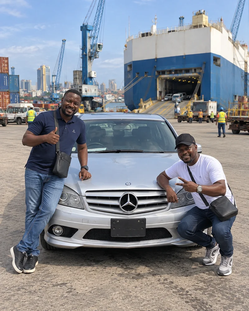 Deux hommes devant une Mercedes-Benz grise au port de Dar es Salaam