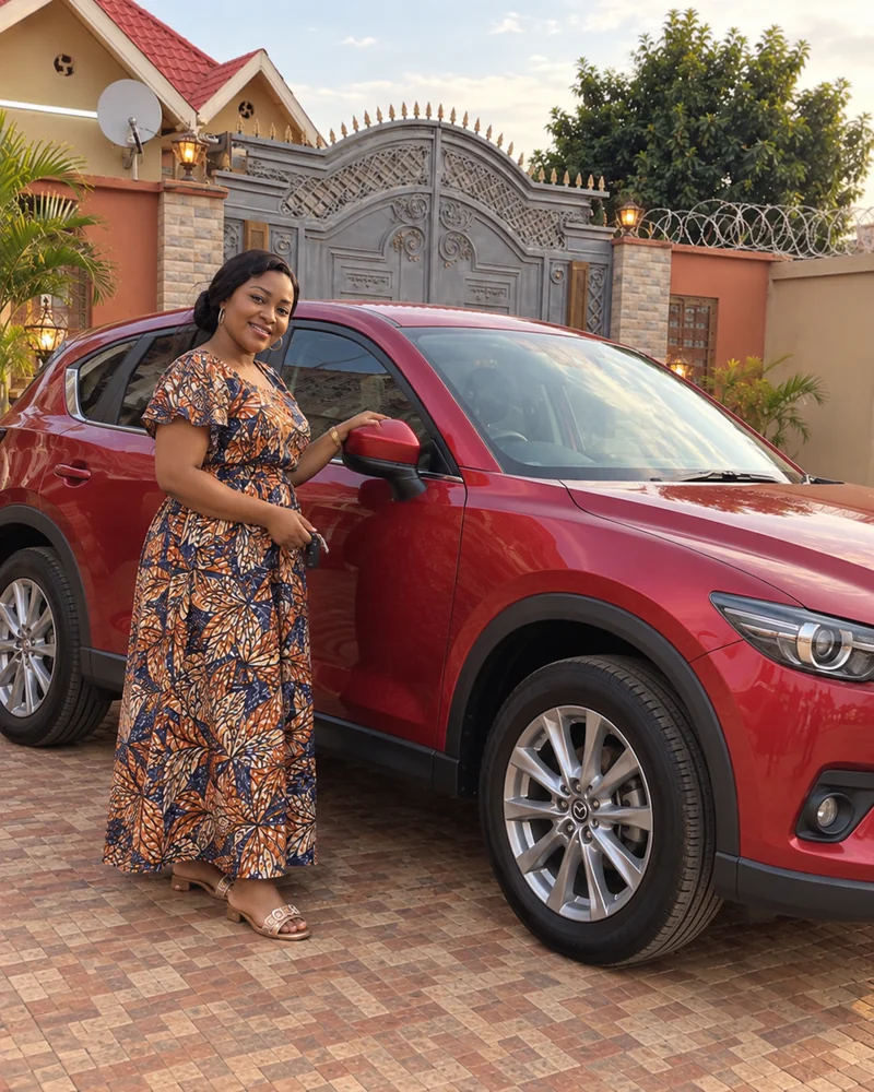 Femme avec les clés de son Mazda CX-5 rouge devant une maison